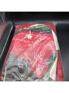 Stamped Christmas Tablecloth Embroidery Kit Tobin 68x90 Oblong Red Lace VTG